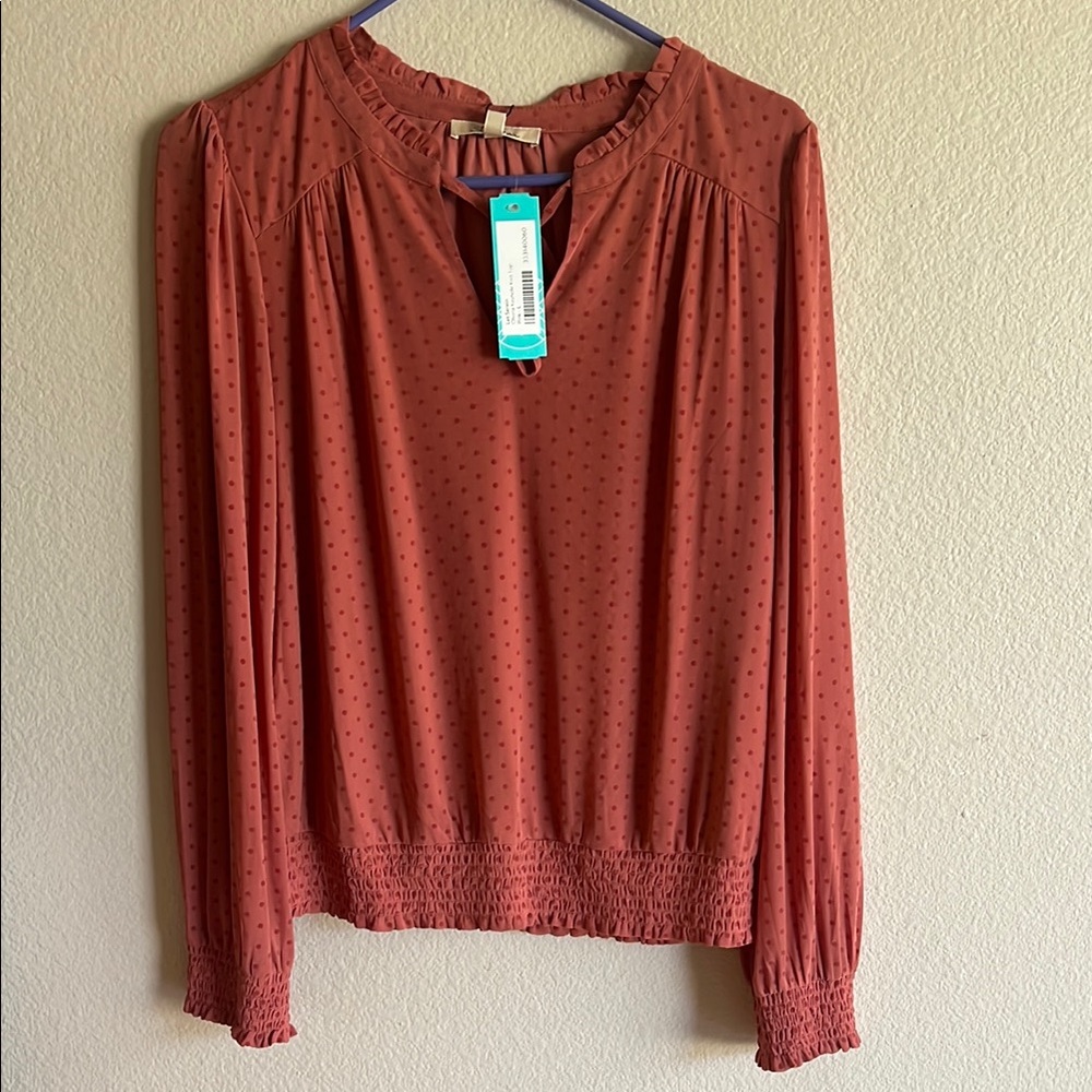 Red Relaxed Long Sleeve Pleated Blouse